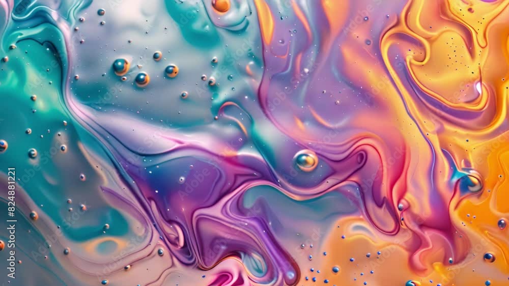 Poster vibrant liquid in various hues with bubbles floating on the surface, creating a dynamic and colorful