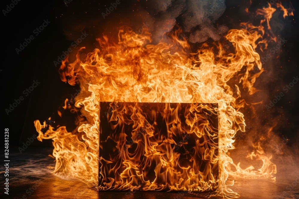 Poster abstract concept of a cube consumed by intense flames against a dark background