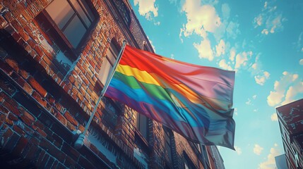 Pride flag displayed on a building, fluttering in the breeze, representing support and solidarity, urban background with ample copy space.