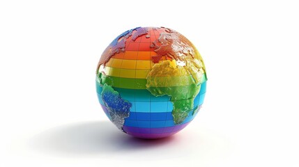 Pride icon globe, with continents in rainbow colors, symbolizing global acceptance and diversity, set against a white background with copy space