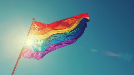 Pride flag waving majestically against a clear blue sky, symbolizing unity and acceptance,
