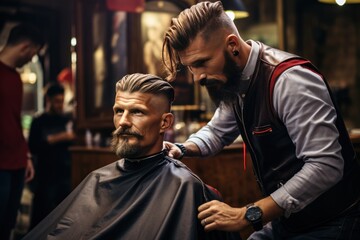 Master haircut: Barber at work. Advertising and marketing services for barbershops