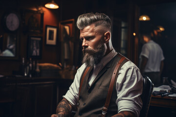 Obraz premium Stylish man with a fashionable haircut and styling in a barbershop. Advertising and marketing services for barbershops