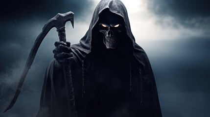 Grim Reaper in the Shadows. The grim reaper with a scythe, portrait of the death. Grim reaper with scythe in the dark background with copy space. Halloween Concept.