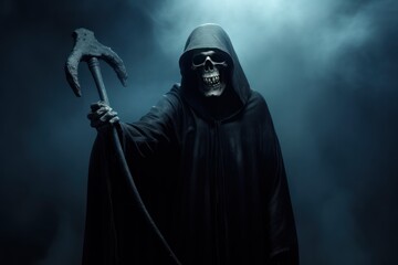 Grim Reaper in the Shadows. The grim reaper with a scythe, portrait of the death. Grim reaper with scythe in the dark background with copy space. Halloween Concept.