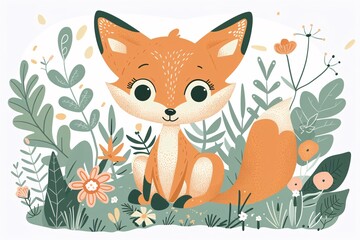 a cartoon of a fox sitting in a garden