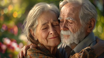 Senior couple embracing with pride in their garden, displaying their lifelong bond and happiness, natural light