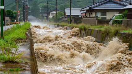 豪雨で氾濫寸前の用水路