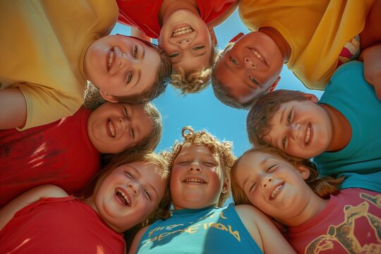A group of over weight happy children hugging each other