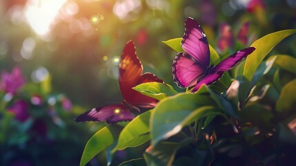   A cluster of butterflies perched atop a verdant foliage plant, bathed in the radiant sunlight filtering through the surrounding tree canopy