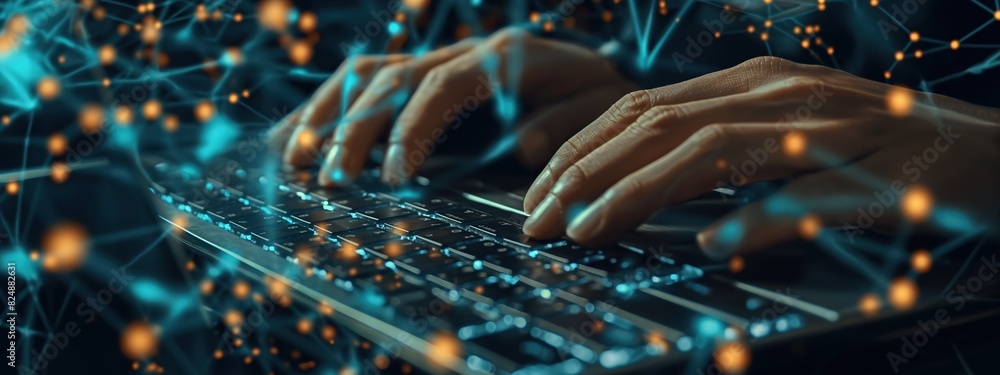 Poster hands of a person with a computer