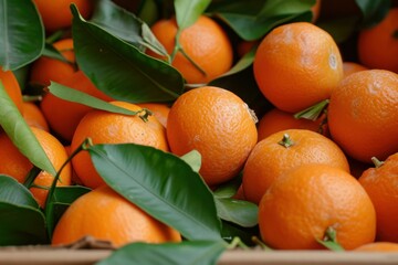 Close-up image of ripe, juicy oranges with green leaves in a rustic crate