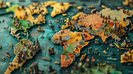 Detailed miniature 3D map of the world with different regions in various colors and small buildings, ships, and landmarks, representing global diversity and connectivity.