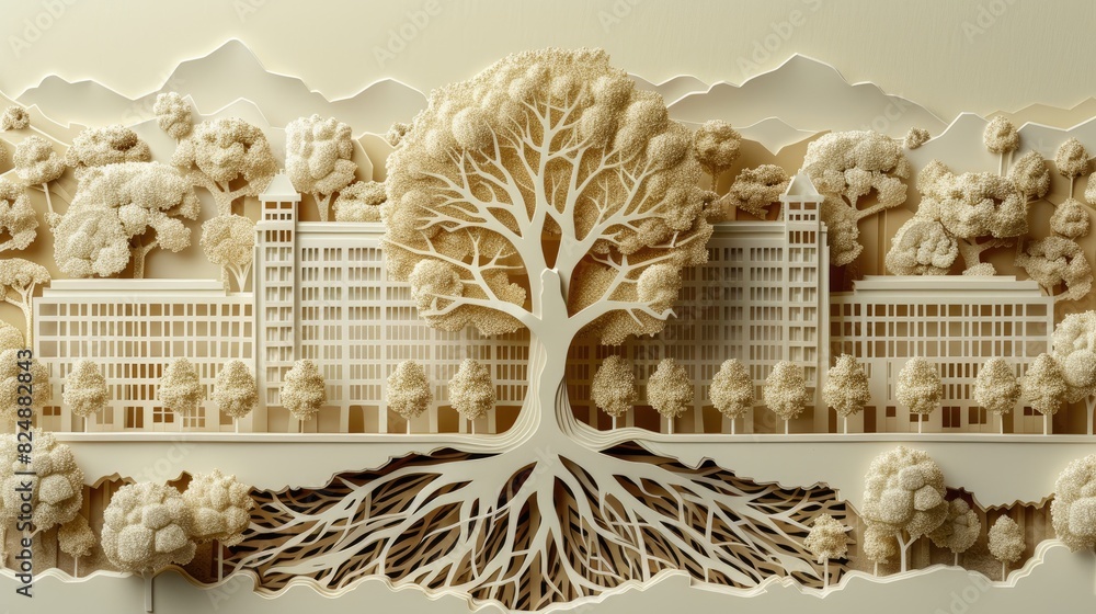 Poster detailed paper cutout of a house and tree with visible roots extending into the layered ground, symb