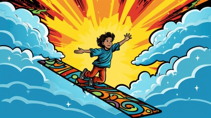 child is fly on flying carpet colorful illustration