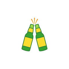 Two beer bottles icon. Clink, cheers and toasting. Color vector illustration white background.	