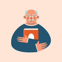 Сartoon old man in eyeglasses holding book in hands. Vector illustration of grandfather character. Book Lover Concept. Happy retirement, leisure, lifestyle.