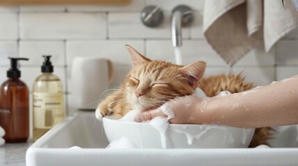 A plump cat being gently washed by its owner in a sink, surrounded by bottles of pet shampoo and...