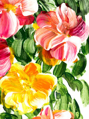 Abstract flowers, original hand drawn, impressionism style, color texture, brush strokes of paint