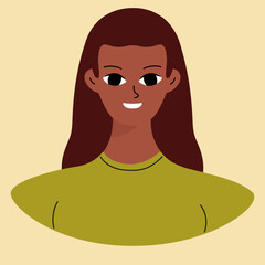 Face of a young black girl. African american brunette. Character design in flat style isolated on white backround.
