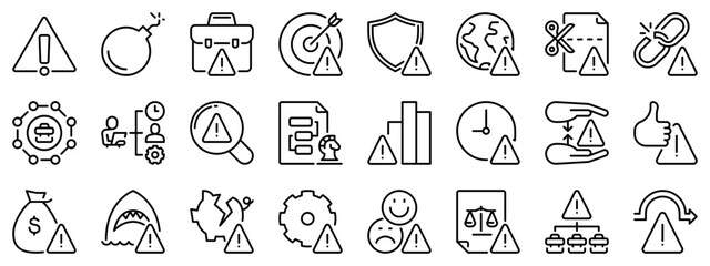 Icon set about risk management. Line icons on transparent background with editable stroke.