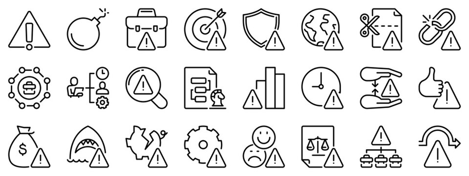 Icon set about risk management. Line icons on transparent background with editable stroke.