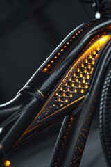 Naklejka premium Close-up of high-tech bicycle frame, showcasing its intricate design and advanced materials against dark background