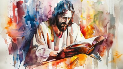 Watercolor illustration of Jesus Christ with a book in his hands