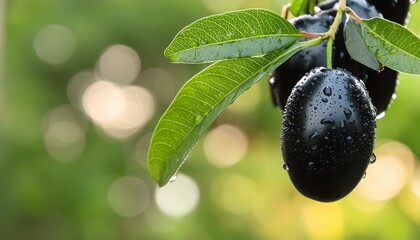 Natural Contrast: Jambolan Plum with Green Leaves and Blurred Background
