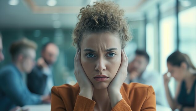 A business meeting with one woman in the foreground holding their head and looking distressed
