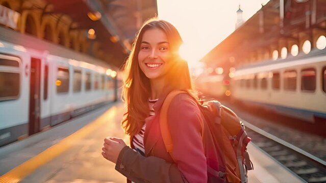 Front view of young woman standing, smiling, looking at camera, holding backpack, walking between trains on train station