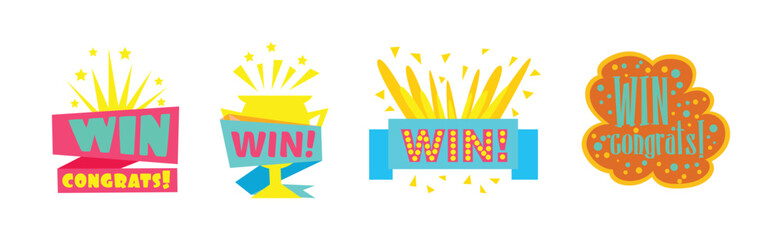 Win Congrats Bubble and Sticker Colorful Vector Set