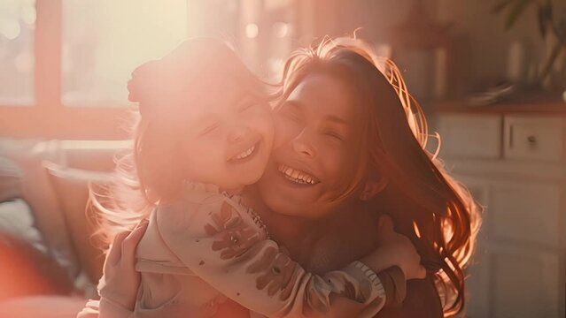 Delighted mother tickles her daughter and smiles as she enjoys spending time together at home