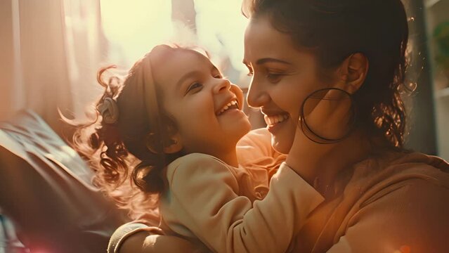 Delighted mother tickles her daughter and smiles as she enjoys spending time together at home