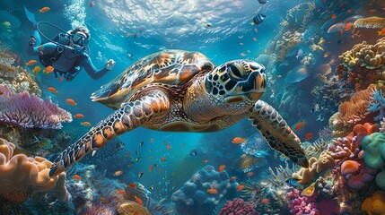 Fototapeta premium Nature Illustration, Underwater Exploration with Sea Turtles: A vibrant underwater illustration featuring divers swimming with sea turtles, surrounded by coral reefs and colorful fish. Illustration