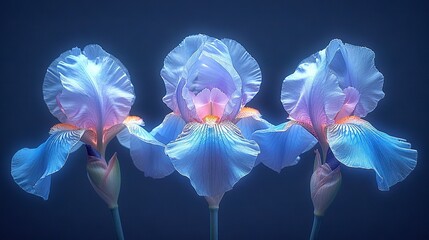   Three blue and pink flowers line up on a dark backdrop, bathed in a central blue light