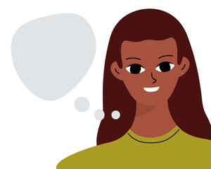 Black brunette reports information. Empty space for text, message. Smiling beautiful african woman in flat design.
