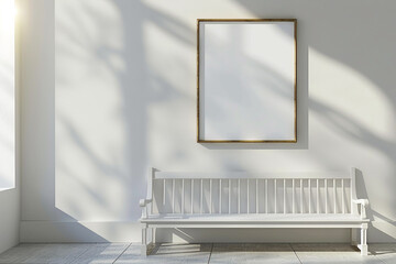 Art gallery with a white bench and blank olive drab frame in morning light, 3D mockup