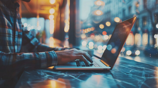 Working late at a cafe. Man working on his laptop at a cafe with city lights in the background