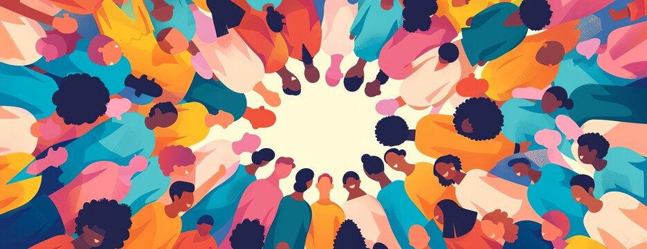 A diverse group of people of all ages and backgrounds are standing in a circle, looking down at a central point