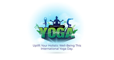 Fototapeta premium Yoga day EPS Vector illustration. 3 people practicing yoga body stretch, fitness exercises, workout, relaxation and recreation background.