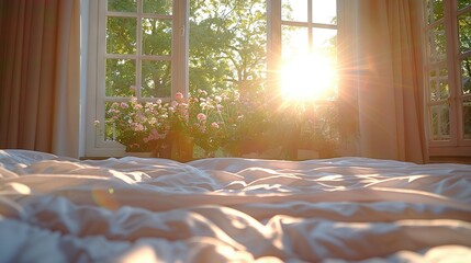   The sun illuminates a white comforter on a bed with a potted plant through the window