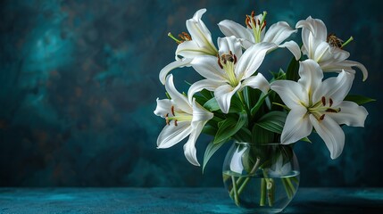   White lilies in a vase on a blue table against a green wall in a room