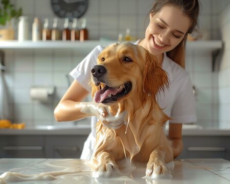 Professional dog spa with skilled groomers, dogs enjoying baths and haircuts, highend atmosphere, 8K resolution, detailed imagery