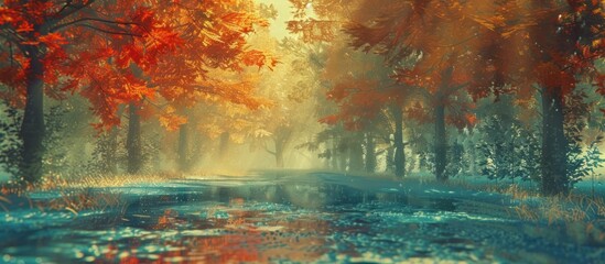 Autumnal Forest Abstraction A Painterly D Rendered Scene Capturing the Movement and Vibrant Color Palette of the Season
