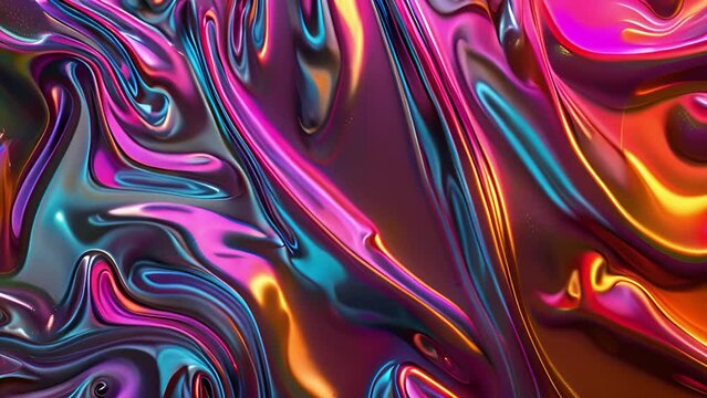 Colorful liquid metallic swirls in neon blue, pink, and purple, create a vibrant abstract pattern, evoking a sense of fluidity and motion under neon lighting.