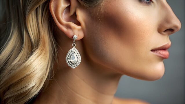 Earring with diamond. Woman with earring close up.