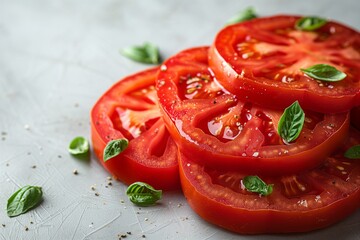Freshly sliced tomatoes garnished with basil leaves and seasoning.