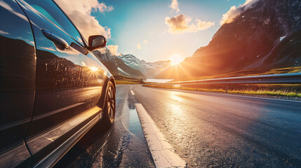 Obraz premium Sunset road trip adventure. Car driving on a scenic highway towards a breathtaking sunset in the mountains. Perfect for travel and adventure themes.
