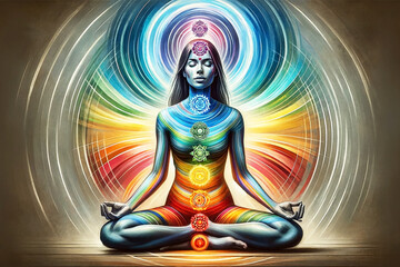 female holographic figure in lotus position with multi-colored chakras